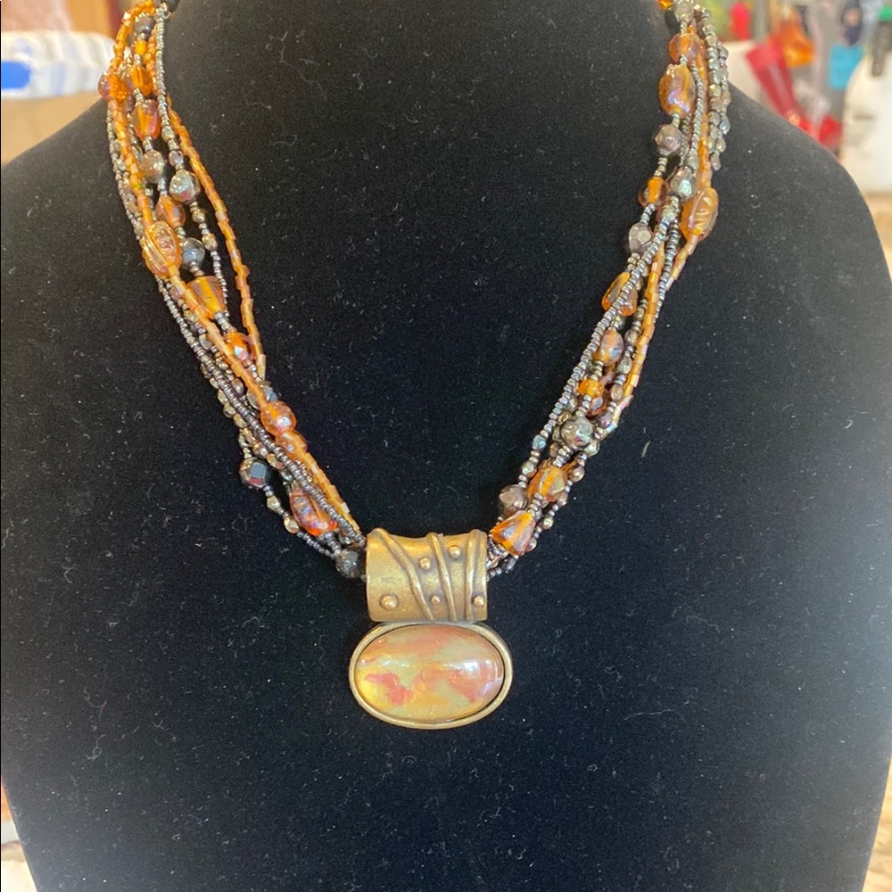 Chico’s Gold, Rust, Black Beaded Necklace with Oval Stone Pendant